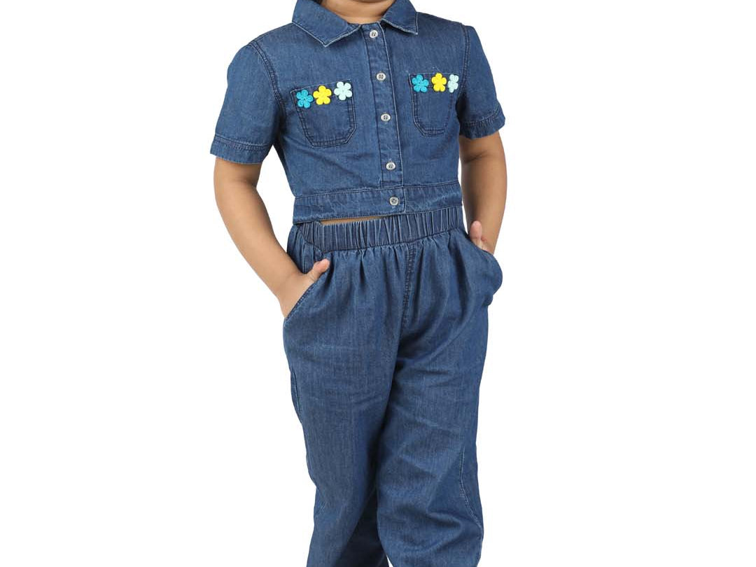 Blue Denim Girls Set with Flower Felt Accents