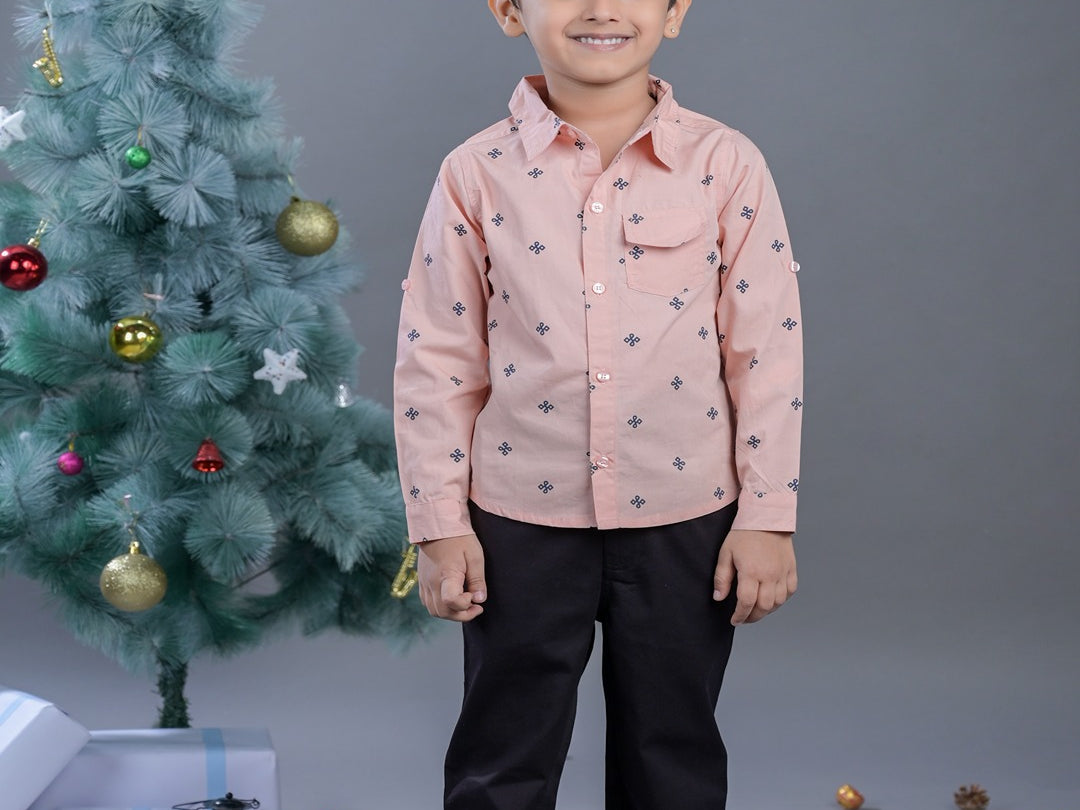 Boys Pink Printed Cotton Full Sleeves Shirt and Pant Set