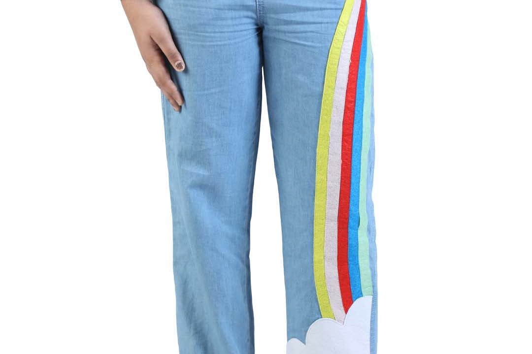 Budding bees blue denim pant for girls with Rainbow Felt