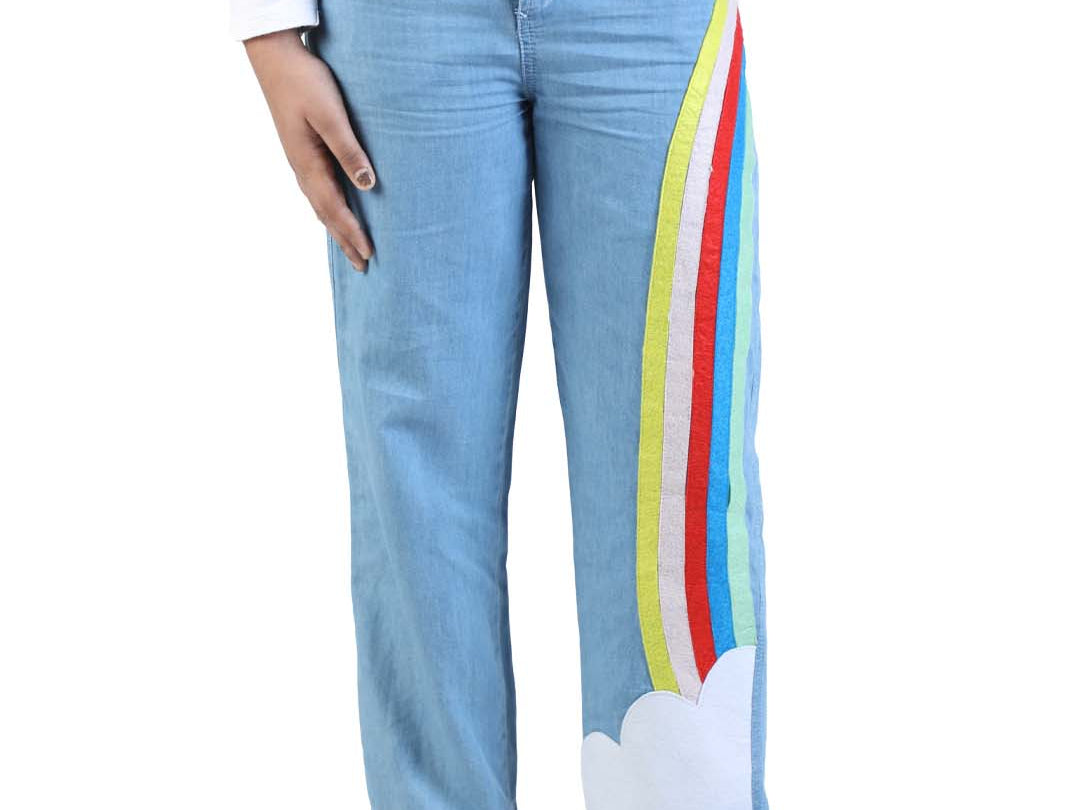 Budding bees blue denim pant for girls with Rainbow Felt