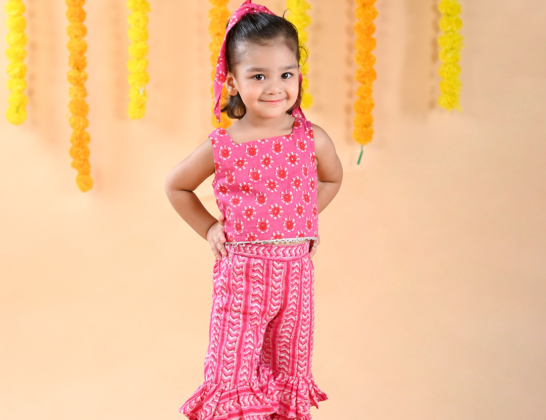 Budding bees 2pcs Elegant Ethnic Top and Sharara Set with scrunchies