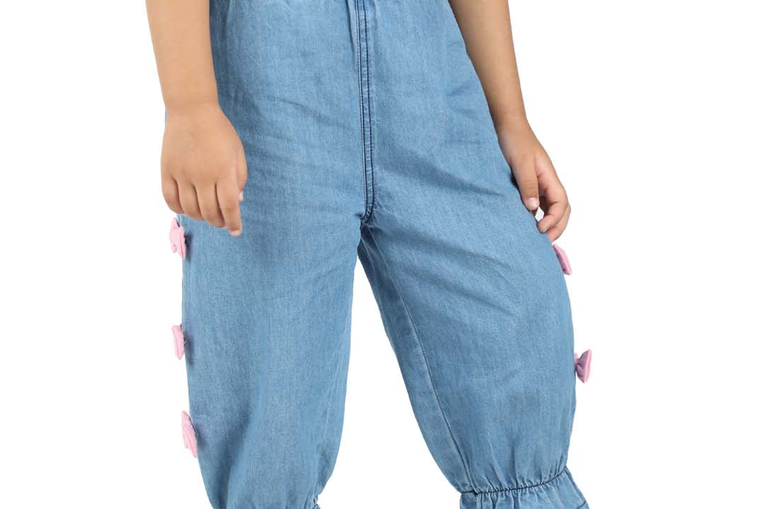 Girls' Blue Denim Pants with side Attached Bow side view