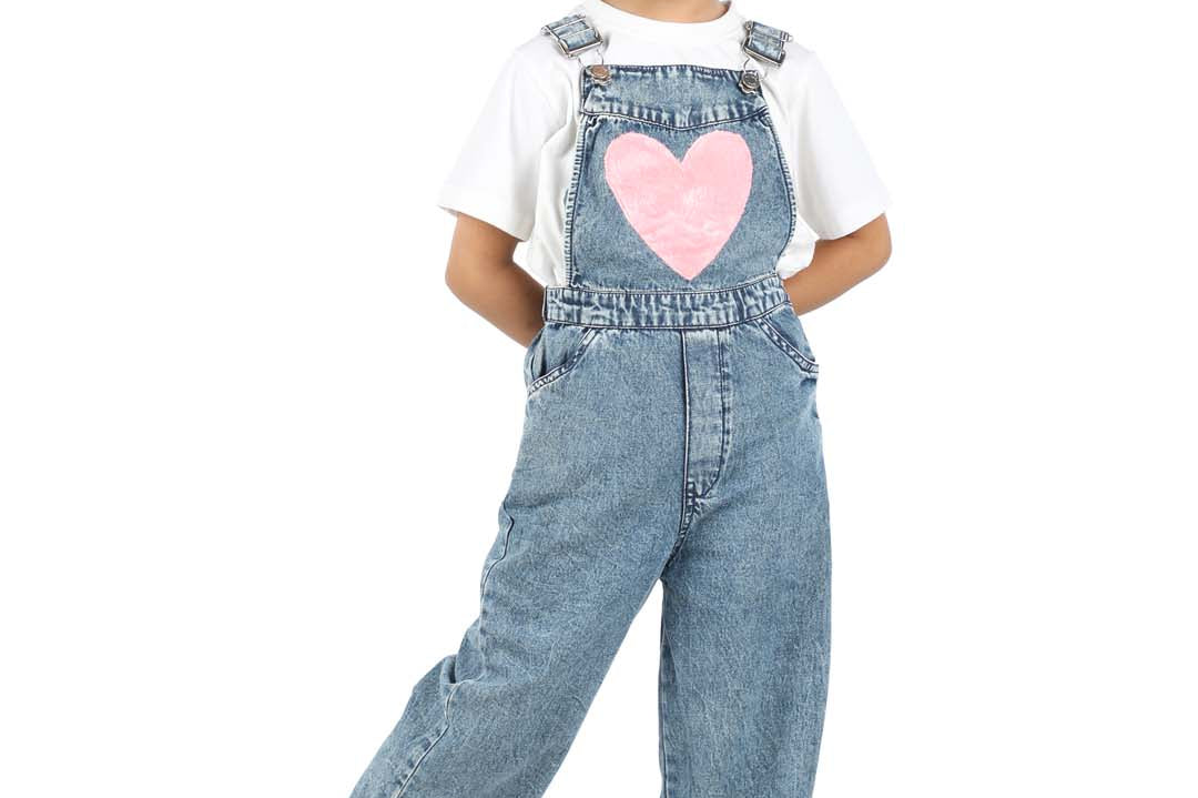 Stylish Blue Denim Dungaree with Heart Fur patch