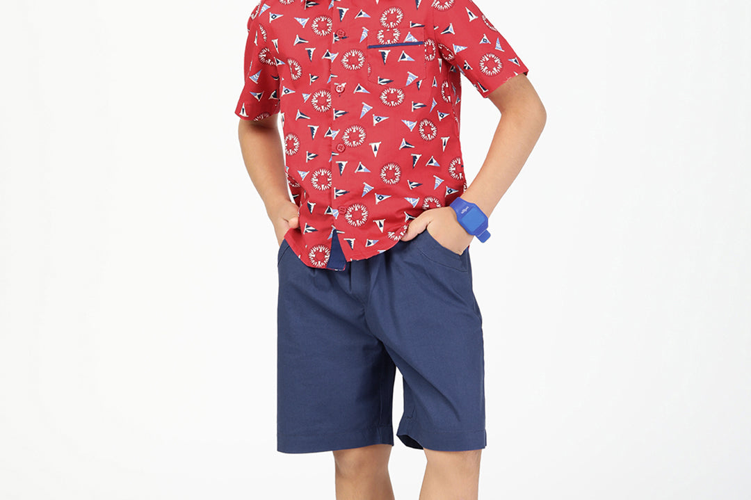Boys Poplin Printed Shirt and Shorts Combo-Red