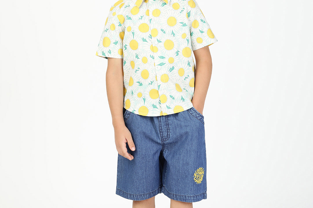 Sunflower Printed Shirt and Denim Short Set - Yellow
