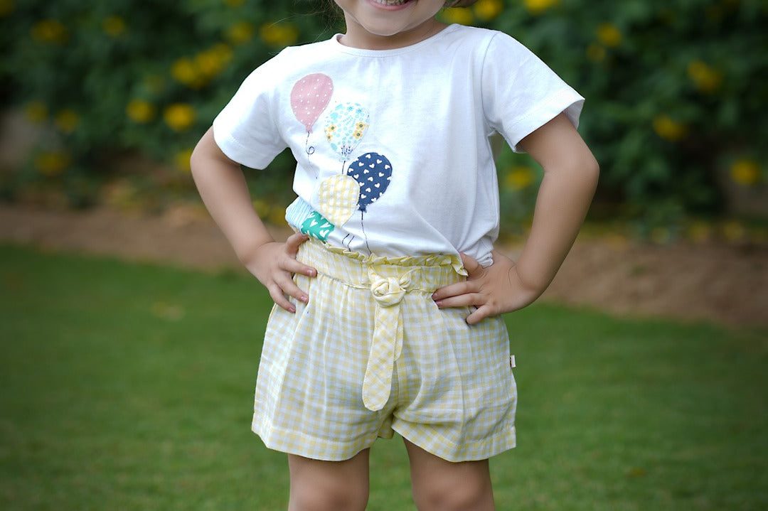 Girls Balloon Patch Printed Top-Short Set-White