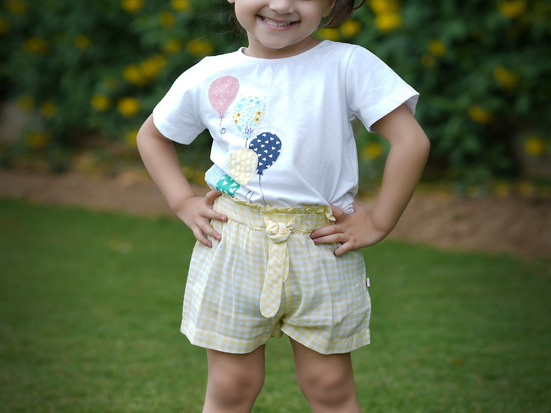 Girls Balloon Patch Printed Top-Short Set-White