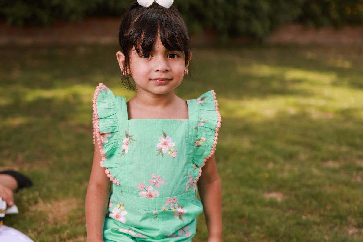 Baby Girls Green Printed Jumpsuit