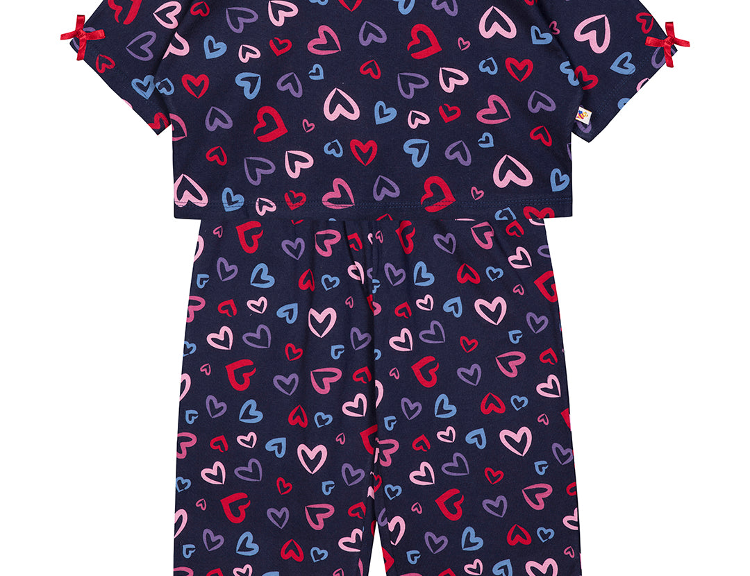 Blue Heart Printed Cotton Jersey Top-Payjama Set front view