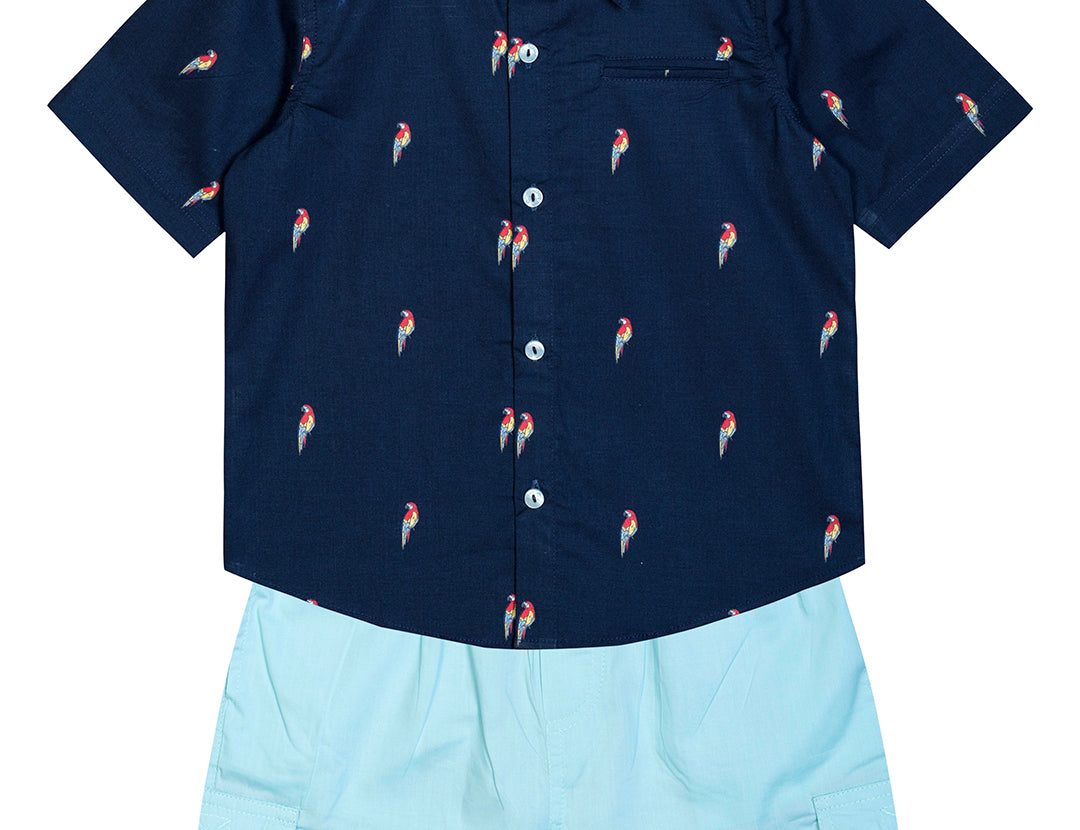 Bees Birds Printed Cotton Shirt with Short